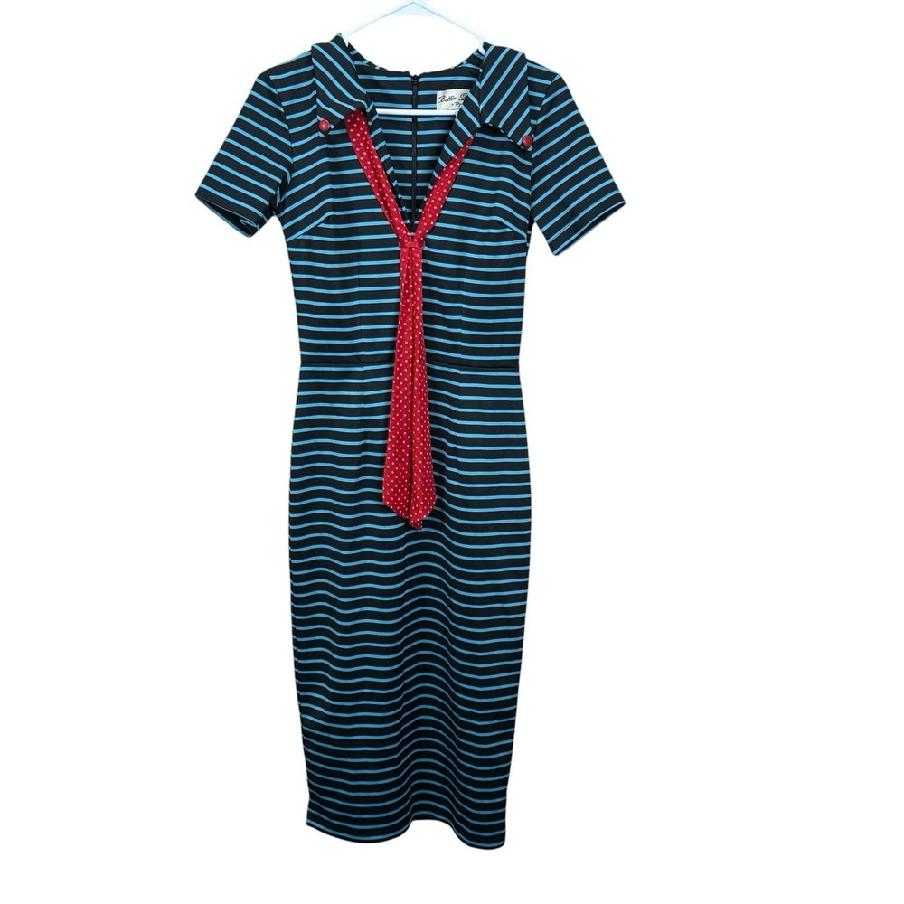 Bettie Page by Tatyana 50s Style Nautical Stripe Wiggle Pencil Sailor Dress M